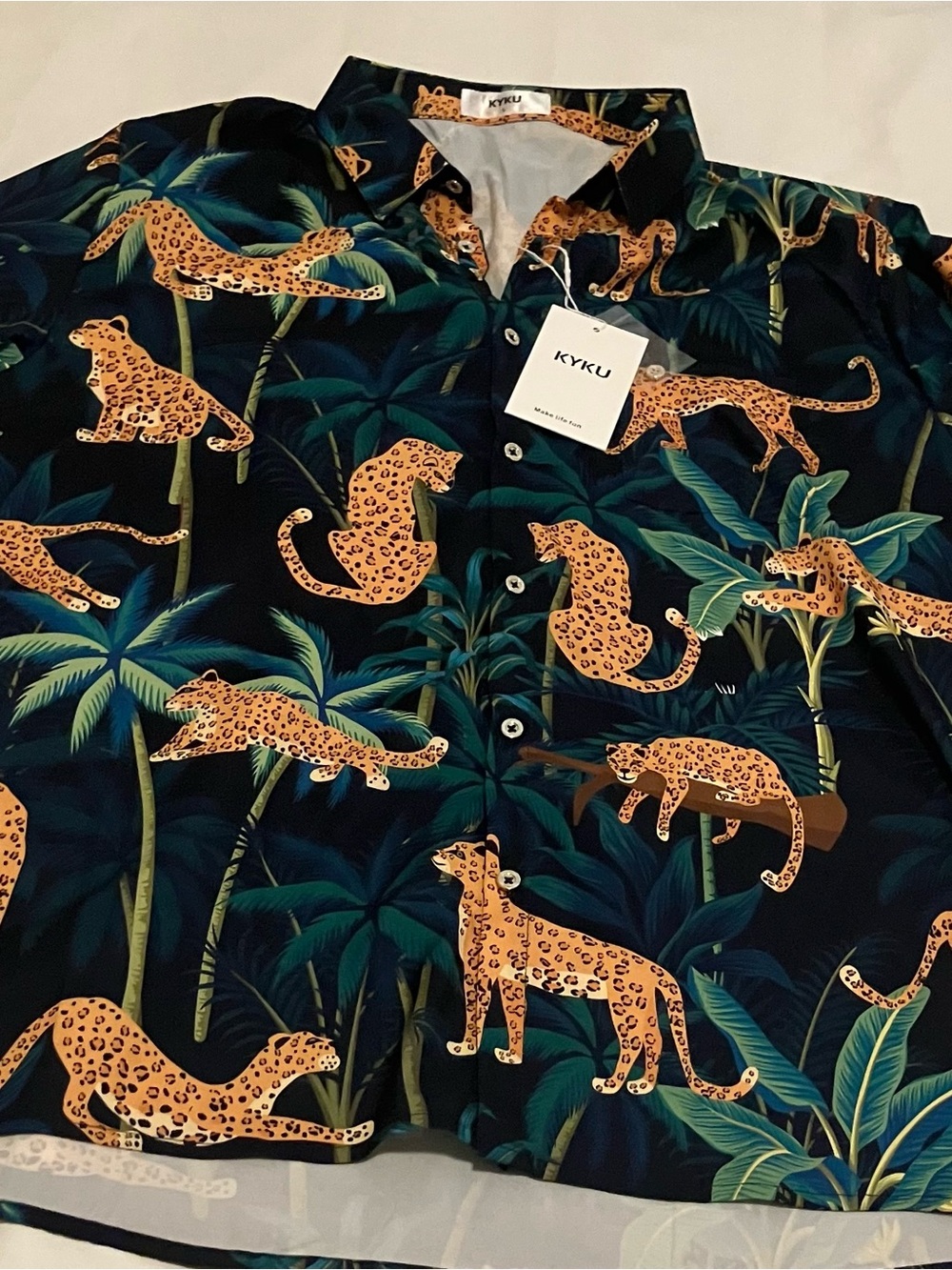Men's KYKU Black Tropical Leopard Print Button-Up Shirt Tags On in Size Large